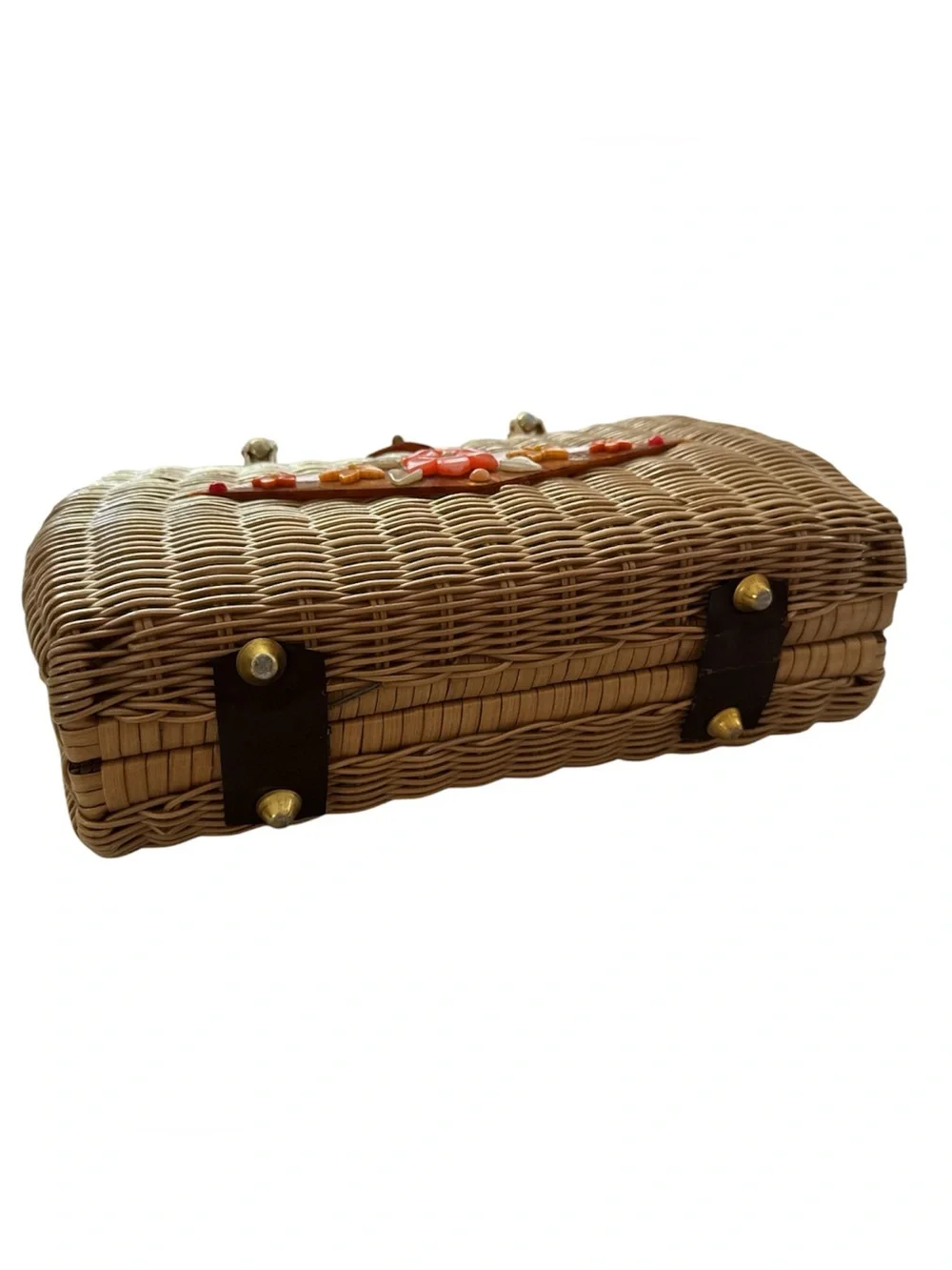 Tropica 50’s 60’s lucite woven wicker floral embellished satchel coastal granny